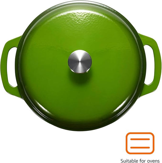 Amazon Basics Enameled Cast Iron Dutch Oven Pot with Lid, Round, Dual Handles, Heavy-Duty, Oven Safe for Stews, Roasting, Baking, 6-Quart, Green