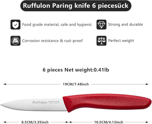 Paring Knife Fruit Knife Set (6 Pieces), Ultra Sharp Stainless Steel Vegetable and Fruit Knife with PP Plastic Ergonomic Handle for Cutting Fruits and Vegetables,Red/Orange/Green