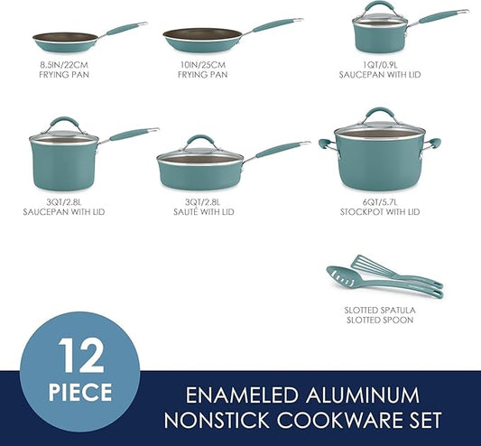 Rachael Ray Cucina Nonstick Cookware, Agave Blue Pots and Pans Set, 12-Piece