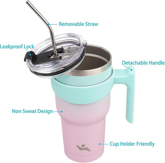 Konokyo 30 oz Tumbler with Handle and 2 Straw 2 Lid, Insulated Water Bottle Stainless Steel Vacuum Cup Reusable Travel Mug,Gum