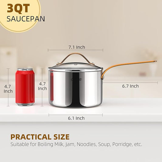 Ciwete 3 Quart Sauce Pan with Lid, Upgraded Tri-Ply Stainless Steel Saucepan with Mirror Polishing and 2 Scales, Induction Ready Cooking Pot with Stay-Cool Brass Handle, Dishwasher & Oven Safe