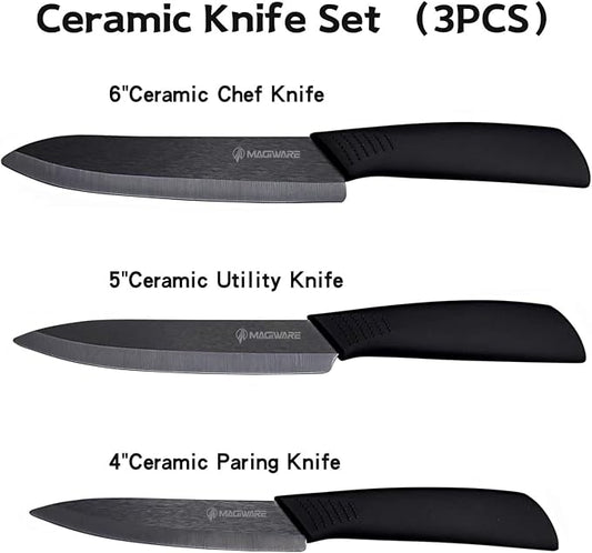 Magiware Ceramic Knives, Ceramic Knife Set with Sheaths Cover -Sharp Longer Never Rust (include 6 Inch Chef Knife, 5inch Utility Knife, and 4 Inch Paring Knife