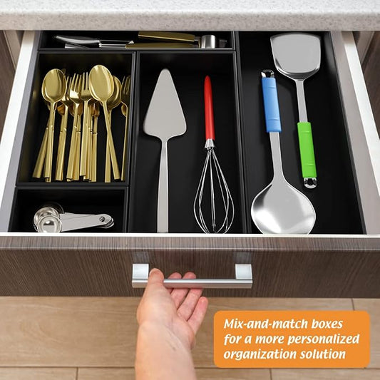 Black Bamboo Drawer Organizer - Silverware&Utensil Holder Organizer for Kitchen Drawers, Multi-Use Drawer Dividers Boxes for Bathroom Counter,Cabinet, Garage, Office Desk, Makeup, Jewelry (12*6*2.5)