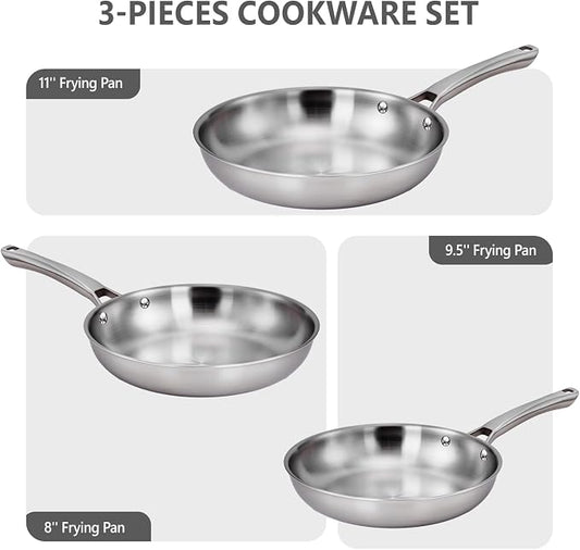 VINGLI 3-Pcs Stainless Steel Skillets Set, 8" / 10" / 12", Non-Toxic, PFOA & PTFE Free, Dishwasher & Oven Safe, Compatible with All Cooktops