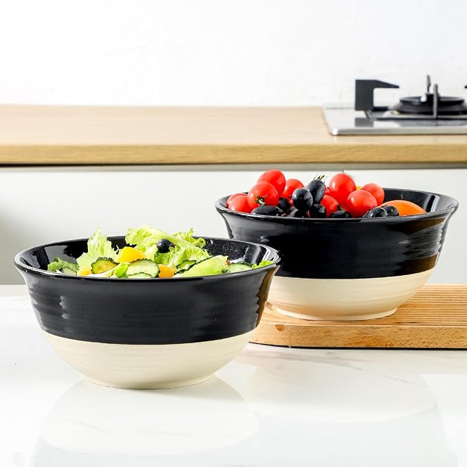 HASENSE Large Ceramic Serving Bowls Set of 2, 84 Oz 9 Inch Black & Beige Stoneware Mixing Bowls, Farmhouse Bowls for Salad, Soup, Popcorn & Baking, Dishwasher & Microwave Safe