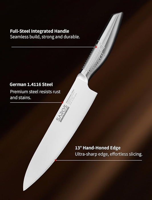 8 Inch Japanese Kitchen Knife – Professional Gyuto Chef Knife Made of 1.4116 German Steel, All-Steel Anti-Slip Handle, Razor Sharp Blade in Gift Box for Home & Restaurant