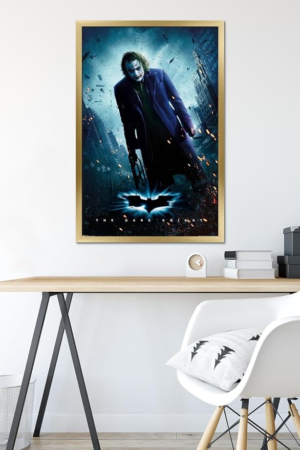 Trends International DC Comics Movie - The Dark Knight - The Joker - One Sheet Wall Poster, 22.375" x 34", Gold Framed Version