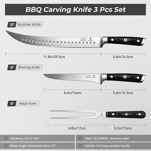 3Pcs Carving Knife Set with Sheath – for Turkey, Meat, BBQ, Brisket, Razor Sharp Slicing Knife, Professional 5Cr15MoV Stainless Steel, Ergonomic Full Tang Wood Handle, Gift Box Included