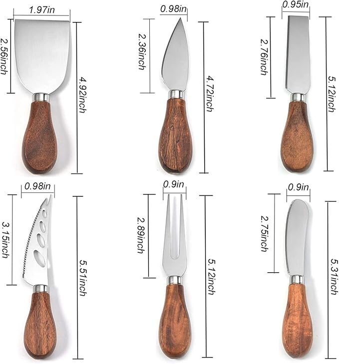 Exquisite 6-Piece Cheese Knives Set, Stainless Steel Cheese Knife Set Collection (Acacia Wood Handle)