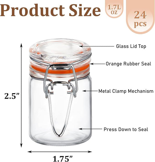 Norme 24 Pcs Glass Spice Jars with Airtight Lid, Leakproof Clamp Containers for Home Kitchen Herb Tea Seasoning Sugar Storage Containers(1.7 oz)