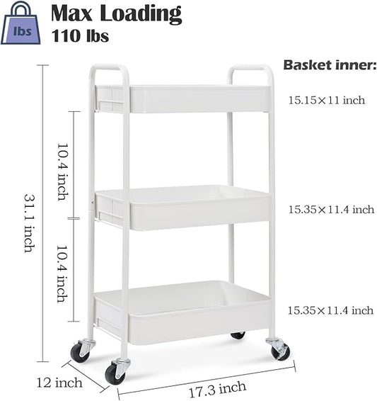 TOOLF 3-Tier Rolling Cart - Metal Utility Storage Organizer with Lockable Wheels, 33 lbs Per Shelf, Tool-Free 5-Min Assembly, for Kitchen Bathroom Office Nursery Craft Room, White