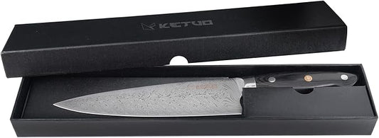Ketuo Professional Chef Knife Damascus Carbon Steel with Laser Pattern Blade and Black Pakka Wood (8 Inch Chef Knife)