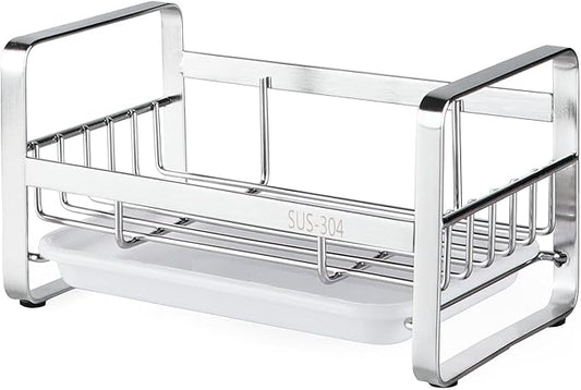 HULISEN Kitchen Sink Sponge Holder, 304 Stainless Steel Kitchen Soap Dispenser Caddy Organizer, Countertop Soap Dish Rack Drainer with Removable Drain Tray, not Including Dispenser and Brush