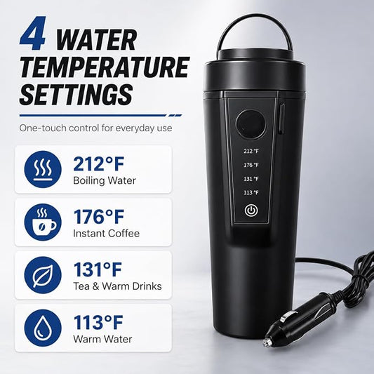 Travel Electric Car Kettle 12V/24V Dual Voltage, Protable Car Electric Kettle for Road Trips, Mini Protable Water Boiler 4 Temp Control for Boiling Water & Brewing Coffee Tea Milk, 400ml(Black)