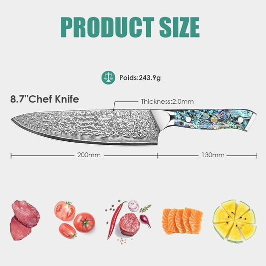 KEENZO Damascus Chef Knife 8 inch, Professional Kitchen Knives,Sharp Japanese Chef's Knife, Hand Forged 67-Layer Damascus Steel Cooking Knife, Ergonomic Abalone Shell handle with Gift Box