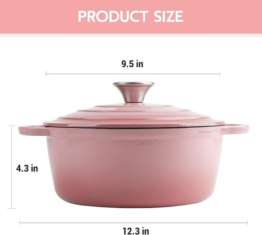 4 Quart Dutch Oven Enameled Cast Iron with Lid - Big Dual Handles - Oven Safe up to 500°F - Classic Round Pot for Versatile Cooking Pink