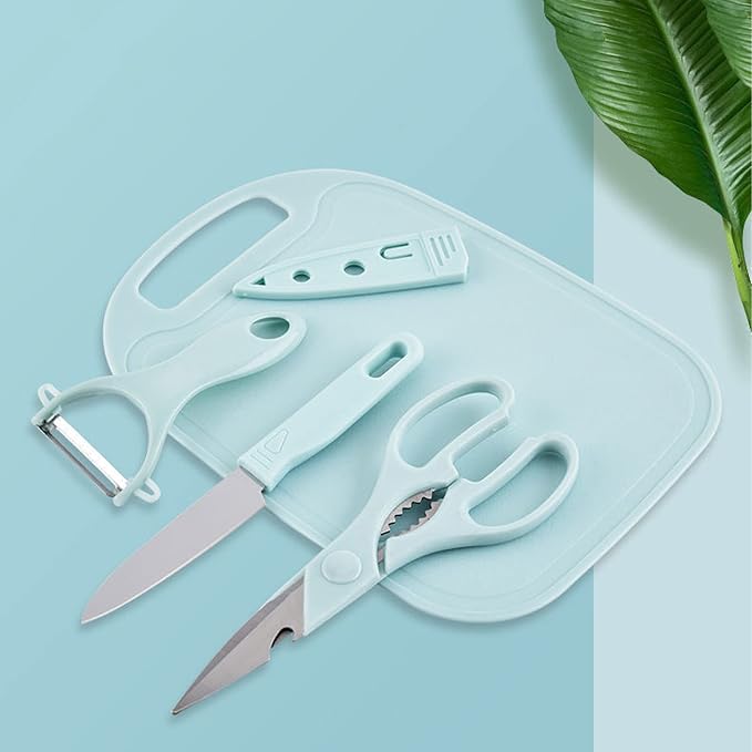 Magicorange Travel Cutting Board Set, 4 Pcs Portable Mini Camping Plastic Cutting Board Set & Stainless Steel Knife with Sheath, Fruits & Vegetable Peeler Scissors (Blue)