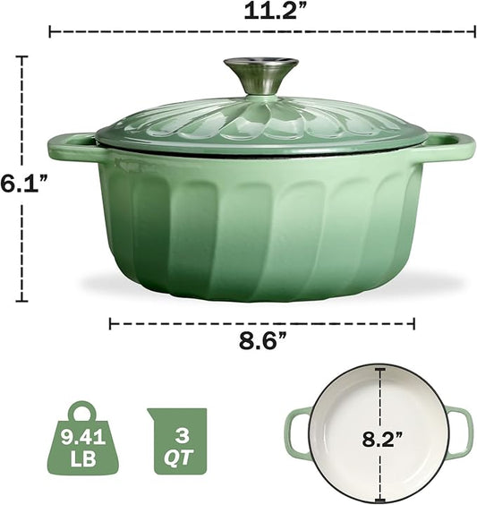 Enameled Cast Iron Dutch Oven with Lid, 3 QT Dutch Oven Pot for Bread Baking, Heavy Duty Cast Iron Pot for Braising, Cook, Bake, Refrigerate Safe across All Cooktops (Pistachio Green,3 QT)