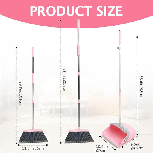 2-Pack Broom and Dustpan Set with Long Handle, Heavy Dust Broom and Dustpan Combo for Home,Kitchen, Office, Pet Hair(Grey Pink)