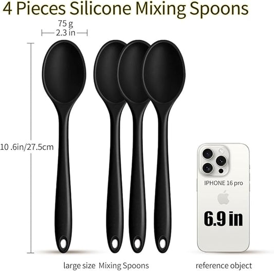 4 Pcs large Silicone Spoons 10.6 inches Mixing Spoons for cooking,Heat Resistant Spoons, Mixing Spoons for Kitchen Cooking Baking Stirring Mixing Tools (Large 4pcs)
