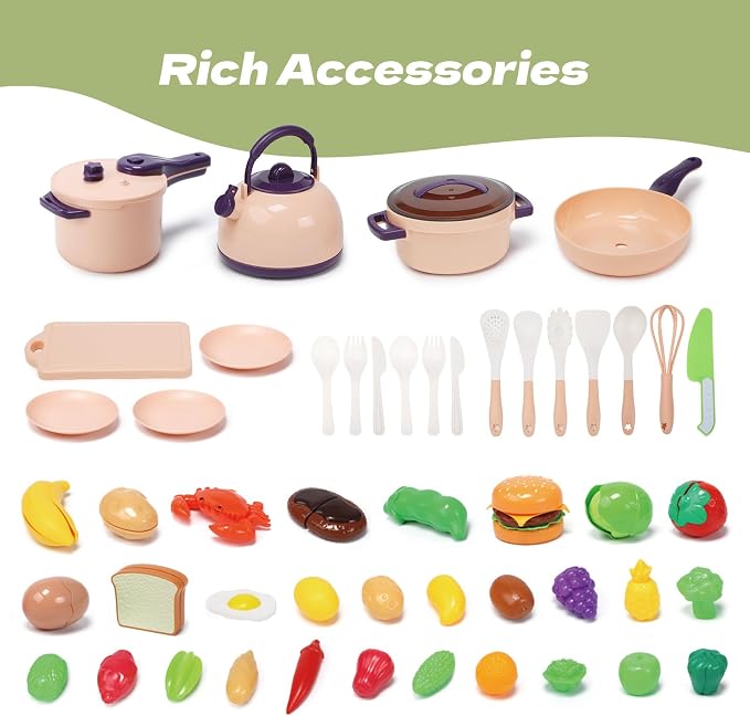 CUTE STONE 51-Piece Mini Play Kitchen Accessories for Kids, Pretend Cooking Playset with Pots, Pans, Utensils, Cutting Fun Fruits & Veggies, Learning Gift for Toddlers, Girls & Boys