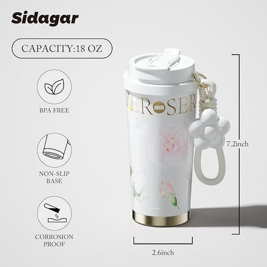 Insulated Travel Coffee Mug,18 oz Stainless Steel Coffee Tumbler with Flip Straw, Double Wall Thermal Cup with Leak Proof Lid,Reusable Ceramic Water Bottle for Office,White