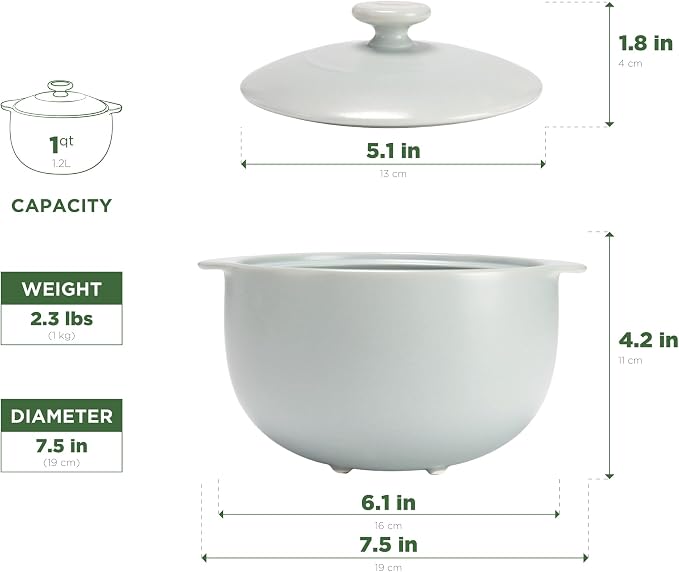 MINH LONG 1-Qt Porcelain Dutch Oven with Lid – Lead & Cadmium Free, Oven Safe to 482°F, Heat Retention, Clay Pot for Cooking on Gas & Infrared Cooktop, Use to Marinate, Cook, Bake, Refrigerate & Serve