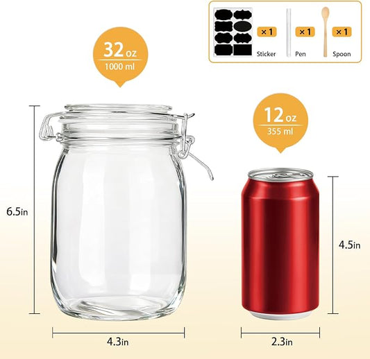 Flrolove Glass Kitchen Storage Canister Mason Jars with Lids,32oz Airtight Glass Canister with Hinged Lid,Perfect for Kitchen Canning Cereal,Pasta,Sugar,Beans (Labels & Chalk Marker)-Set of 4