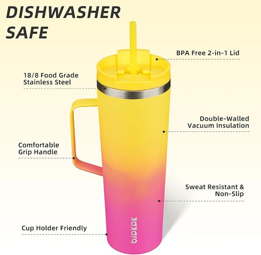 BJPKPK Insulated Tumbler with Handle, 30oz Insulated Tumblers with Lid and Straw, Stainless Steel Metal Water Bottles, Coffee Travel Mugs, Cups, Pink & Yellow Rose