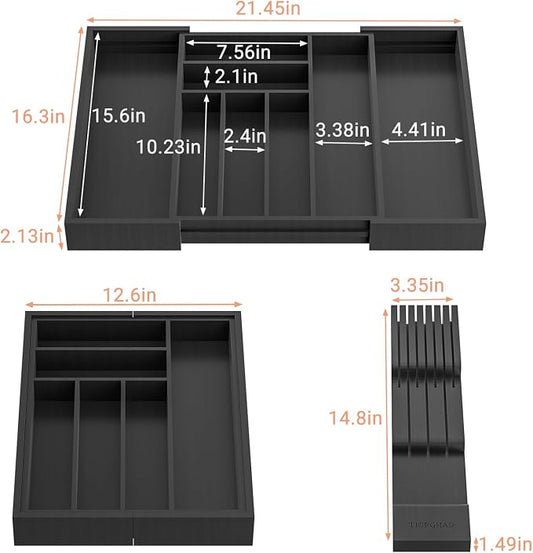 TIOPGHAD Bamboo-Silverware-Drawer-Organizer-Kitchen, Expandable Utensil Holder Cutlery Tray Flatware Organization Adjustable Wood Tableware Dividers Storage (with Removable Knife Block)(Black)