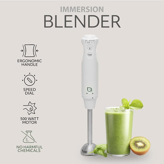 WILLOW Eco Series 5 Speed Immersion Blender Handheld, Powerful yet Quiet 500 Watt Electric Stick Blender with Turbo Mode & Removable Base, Hand Blender for Soup, Smoothie, 304 Stainless Steel - WHITE