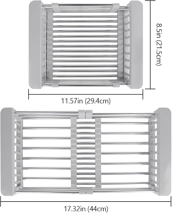 LUEXBOX Expandable Dish Drying Rack Over The Sink, Stainless Steel Drainer Basket with Adjustable Arms for Vegetable and Fruit (Grey)