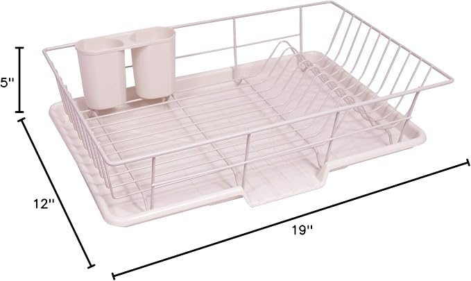 Sweet Home Collection 3 Piece Dish Drainer Rack Set with Drying Board and Utensil Holder, 12" x 19" x 5", Pale Pink