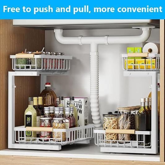Merrylun Under Sink Organizers,5 Adjustable Height,Metal Pull Out Under Sink Organizers and Storage Shelves with Sliding Drawer, White 1pack(Hight 13.6″-16.9″)
