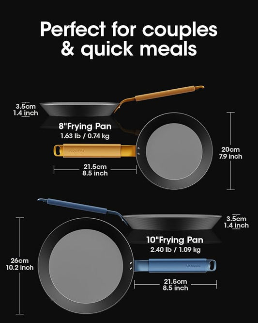 Carbon Steel Frying Pan Set 8 & 10 Inch, Nitrided Carbon Steel Skillet Duo, Preseasoned Rust Resistant Cookware, Induction & Oven Safe Kitchen Cooking Pans