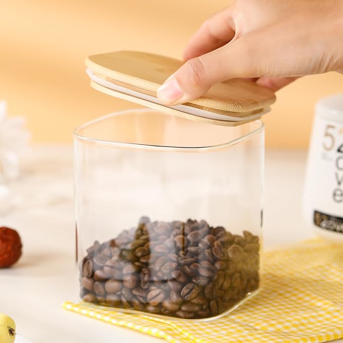 4-Pack Square Glass Containers with Bamboo Lids, 24 fl oz/720ml Airtight Canister Set, Clean & Elegant Storage Jars for Candy, Coffee, Tea, Sugar, Flour, Cookies, Spices