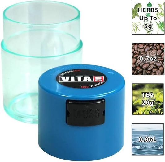 Vitavac - 5g to 20 grams Airtight Multi-Use Vacuum Seal Portable Storage Container for Dry Goods, Food, and Herbs - Light Blue Clear