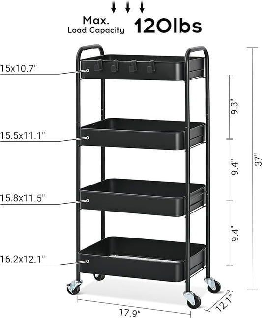 TOOLF 4-Tier Rolling Cart - Metal Storage Organizer with Lockable Wheels, 44 lbs Per Shelf Capacity, Tool-Free Assembly, for Kitchen Bathroom Office Laundry Room Nursery, Black