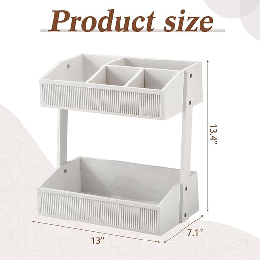 Novabright 2 Tier Paper Plate Dispenser for Kitchen Counter, Paper Plate Organizer, Rustic Wooden Utensil Holder for Party Countertop Cutlery Flatware Storage Rack for Napkin Cup Spoon Fork(White)