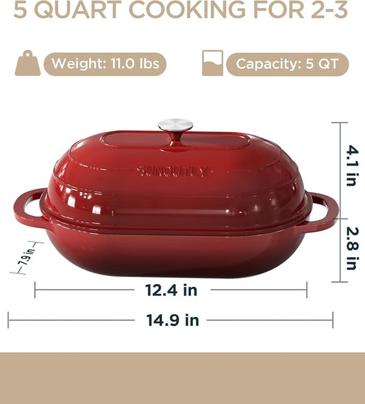 Enameled Cast Iron Bread Oven, 5QT Cast Iron Dutch Oven for Homemade Sourdough Bread Baking, Oval Bread Pot with Dome Lid & Cotton Potholders, Cherry Red