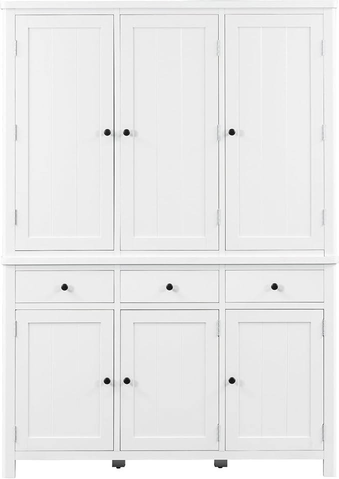 74.8''H High Freestanding Kitchen Pantry, Wooden Kitchen Organizers Cupboard Storage Cabinet with Door Shelves, Adjustable Shelves, Pull-out Trays and Drawers for Dining Room Living Room (White-2.12)