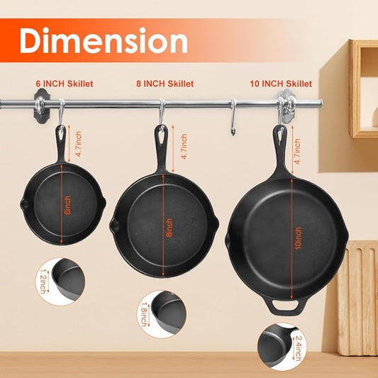 Suteck Cast Iron Skillets 3 piece set | 6", 8" & 10" Pre-Seasoned Cast Iron Pan with 3 Silicone Heat-Resistant Holders - Indoor and Outdoor Use - Oven Grill Stovetop Induction Safe Cookware