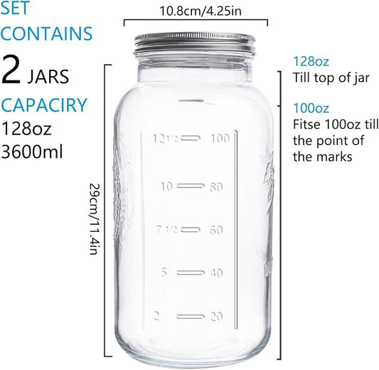 eleganttime 128 oz Mason Jars Extra Wide Mouth 2 Pack, 1 Gallon Glass Large Jars with Airtight Lid, Safe for Food Storage,Curing, Fermentation and Preservation(Not standard wide mouth)
