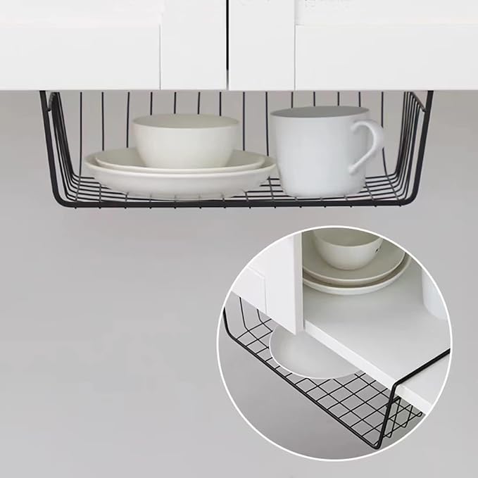 8 PACK 12in Hanging Under Shelf Storage Basket Kitchen Cabinet Organizer Storage, Slides Under Wire Shelves for Counter Pantry Desk Bookshelf,Black