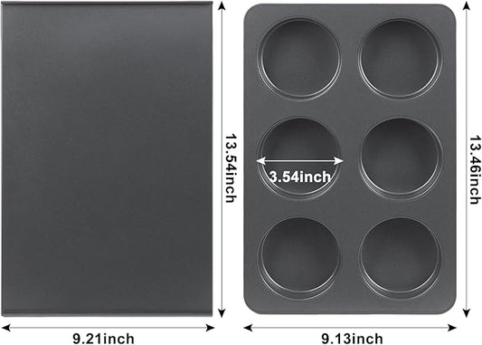 6 Cup Muffin Pan with Lid, Carbon Steel Non Stick Cupcake Pans for Baking, 9 x 13 Inch Even Crical Deep Baking Pan for Cup Cake, English Muffin, Whoopie Pie, Hamburger Buns