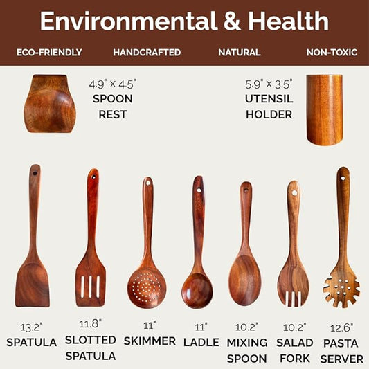 Wooden Utensil Set 9 PCS Hand-Crafted, Heat-Resistant, Non-Scratch & Easy-to-Clean Natural Teak Wooden Kitchen Tools with Spatula, Slotted Spatula, Spoons, Ladle, Pasta Server, Salad Fork, Holder Set