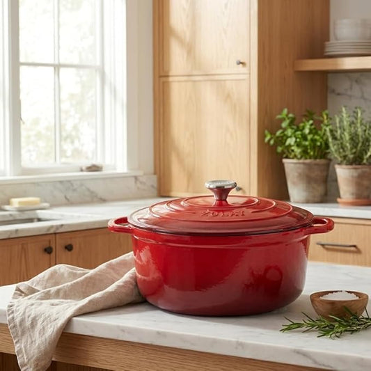 Zulay Kitchen 7.7 Quart Enameled Cast Iron Dutch Oven Pot with Lid – Premium Durability & Oven Safe up to 500°F – Heavy Duty Cookware Perfect for Bread Baking, Stews, Braising & Roasting – Ablaze Red