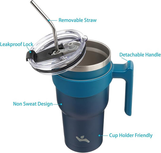 Konokyo 40 oz Tumbler with Handle and 2 Straw 2 Lid, Insulated Water Bottle Stainless Steel Vacuum Cup Reusable Travel Mug,Indigo Black
