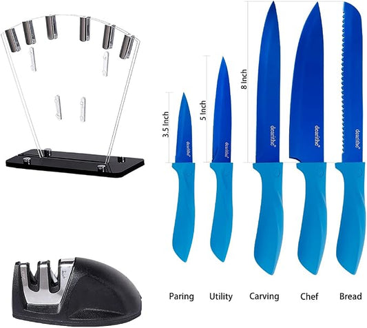 7 Piece High Carbon Stainless Steel Kitchen Knives Sets, Knife Block Set with Knife Sharpener,Professional Chef Knife Set with Block Acrylic, Plating Titanium Blue for Rust Proof and Sharp