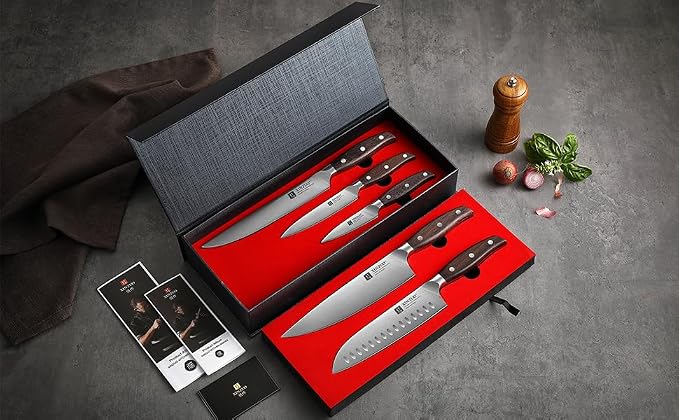 XINZUO German Stainless Steel Knife Set, 5Pcs Professional Chef Knife Sets for Chefs, Ultra Sharp,Chef Santoku Slicing Petty Paring Knife with Red Sandalwood Handle